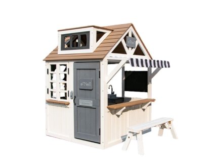 Kerti házikó napellenzővel és paddal