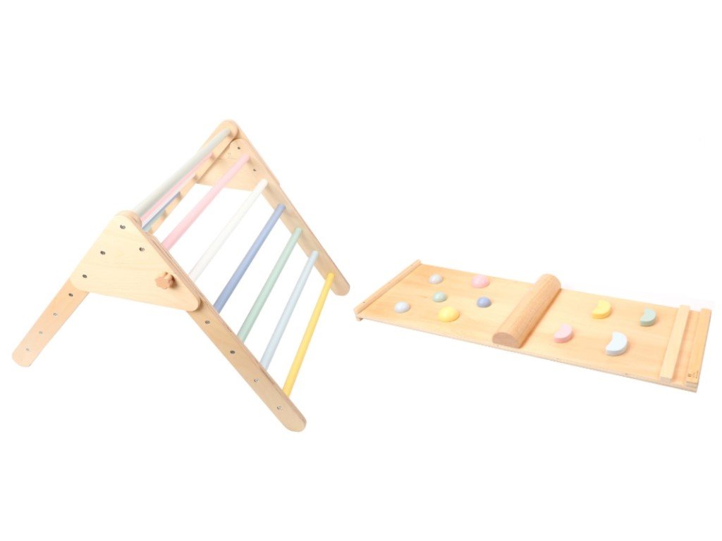 Elineli fa pikler-féle háromszög készlet montessori rámpával - pasztell színekben