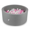 Szürke kör alakú száraz gyermekmedence 300 db labdával töltve