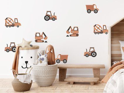 Nálepka na zeď - Stavební auta v boho stylu