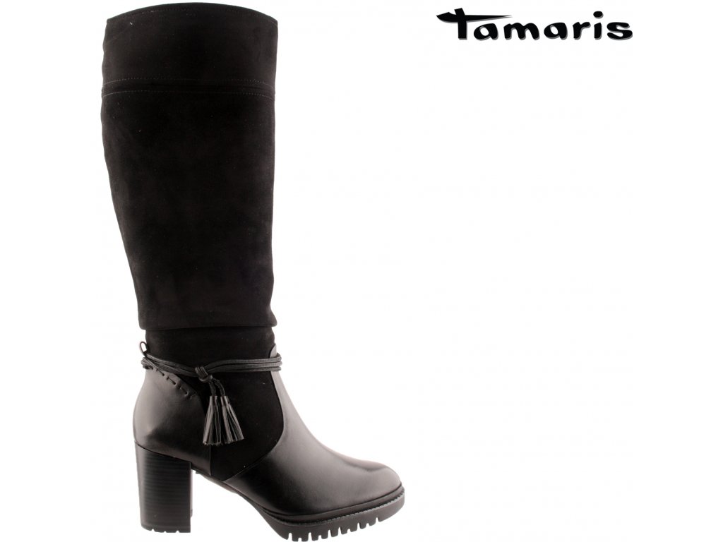 Černé kožené semišové dámské kozačky na podpatku TAMARIS 56124338 -  Eliteshoes
