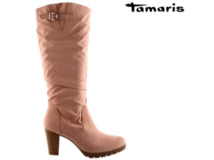 Růžové semišové dámské kozačky na podpatku TAMARIS 834859 výprodej