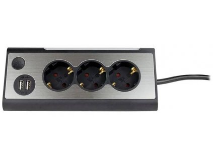 Prodlužovací kabel Rev Light / 2 x USB A / LED / 230 V / 3680 W / černá / stříbrná
