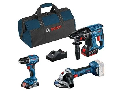 Sada nářadí Bosch Professional AmpShare 18V / aku vrtačka-šroubovák / aku příklepová vrtačka / aku úhlová bruska / 2 Ah - 4 Ah / 2 baterie / modrá / černá / POŠKOZENÝ OBAL