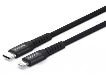 Opletený kabel Philips DLC5206L/00 / USB-C/Lightning / 2 m / černá / ROZBALENO