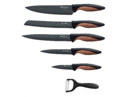 5dílná sada kuchyňských nožů s nepřilnavým povrchem a se škrabkou Royalty Line RL-DC5D / černá/měděná