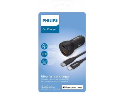 Set nabíječky do auta a napájecího kabelu Philips DLP2521L/00 / USB-A/USB-C/Lightning / délka kabelu 1 m / černá / POŠKOZENÝ OBAL