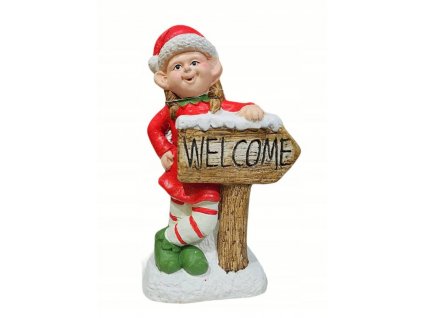 Vánoční dekorace elf s cedulí Welcome / 35 cm / sádra / červená