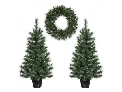Vánoční sada 2 stromků a LED věnce / PVC / časovač / teplá bílá / vnitřní i venkovní použití / zelená