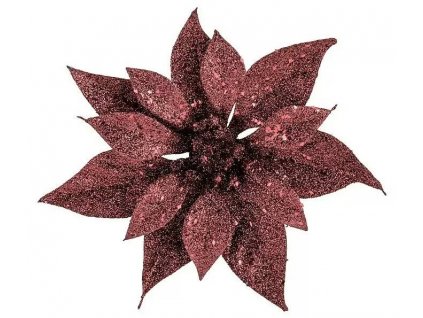 Dekorativní květy vánoční hvězdy s klipem / plast / třpytivý povrch / Ø 18 cm / bordeaux