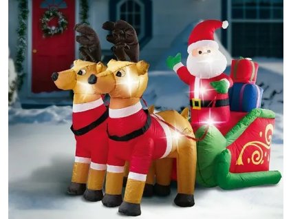 LED nafukovací vánoční dekorace Santa Claus se soby / 12 W / výška 140 cm / venkovní i vnitřní / teplá bílá