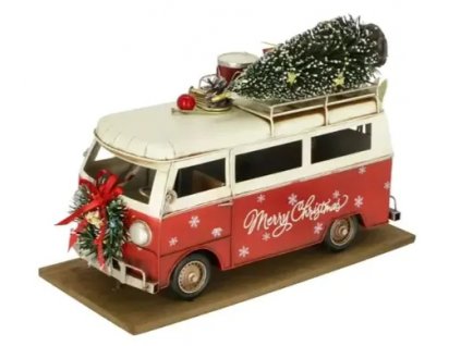 Vánoční dekorace autobus "Merry Christmas" / 39 × 18 × 27 cm / kov, plast, dřevo / červenobílá / ZÁNOVNÍ