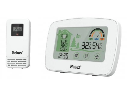 Rádiová meteostanice Mebus / hodiny / vnitřní venkovní čidlo / digitální displej / vlhkoměr / bílá / ROZBALENO