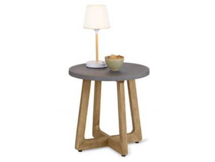 Kulatý odkládací stolek s betonovou deskou / Ø 50 cm / eukalyptové dřevo/polycement