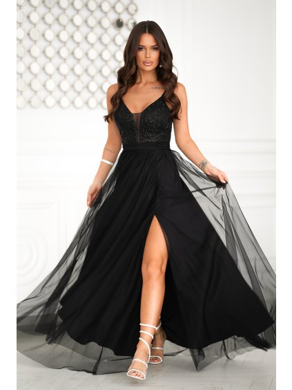 Luxusní černé společenské šaty s krajkou