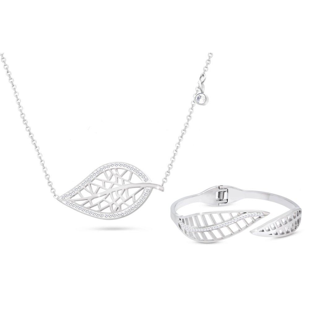 Set z chirurgické oceli, lístek ozdobený zirkony, řetízek + otevřený náramek 235