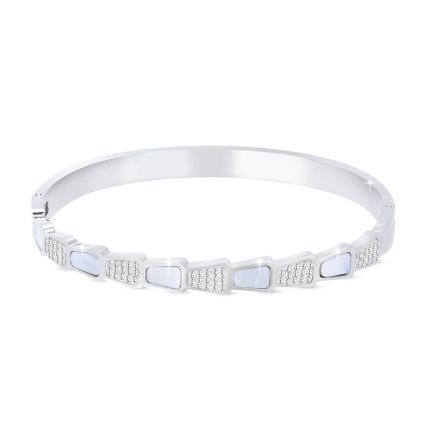 Náramek na ruku z chirurgické oceli - pevný, oválky ozdobené perletí a zirkony 2002145