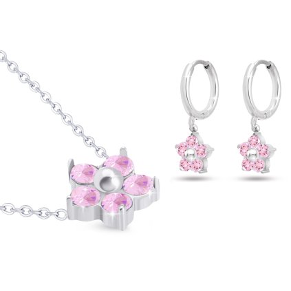 Set z chirurgické oceli, KVĚTINA s růžovými zirkony, řetízek + visací náušnice 285
