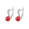 Rhódiované náušnice visací, pás zirkonů s červenou perličkou 1002553