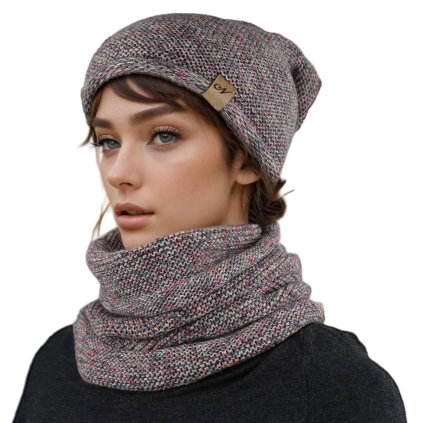 Női téli szett, sapka és Mark sál - barna és multicolor melír színű 7100331-20