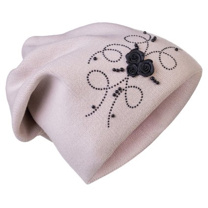 Női kötött sapka rózsákkal és strasszokkal, világos rózsaszín 7100374-2