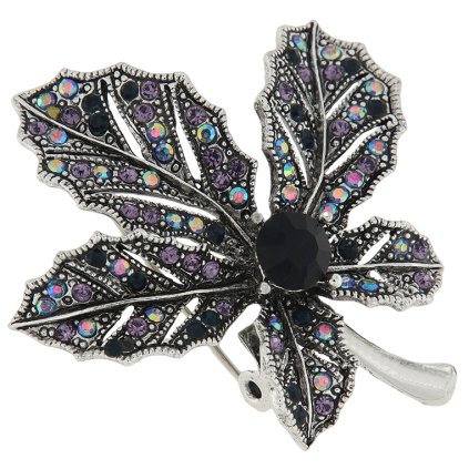 Melltű - levél színes strasszkövekkel, ezüst