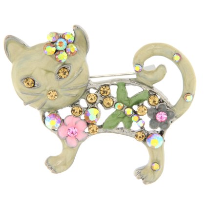 Melltű - mázas olívazöld macska színes cirkonokkal 9001360-3