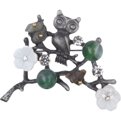 Bross gallyon, gyöngyökkel és cirkóniákkal, zöld szín 9001774-3