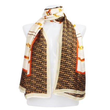 Női téglalap alakú sál 2113-9 nyomtatott övekkel és láncokkal, krém 7200540-2