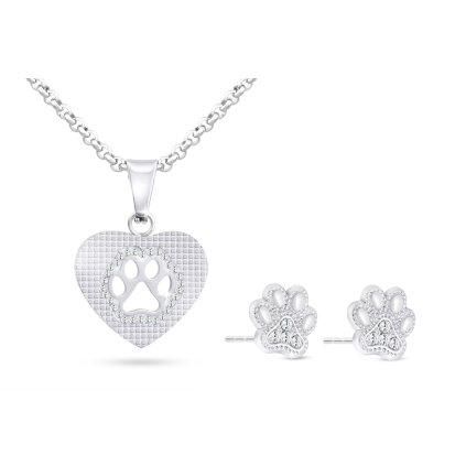 Sebészeti acél szett mancs szívben, nyaklánc + fülbevaló cirkónokkal 195