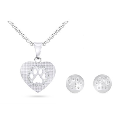 Sebészeti acél szett mancs szívben, nyaklánc + fülbevaló cirkóniával 196