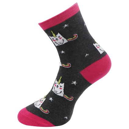 Női nyomtatott zokni UNICORN CAT NP6322 - sötétszürke 9001482