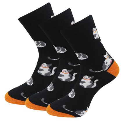 Kedvezményes szett 3 pár frottír zokni fekete-fehér macska mintával - fekete színű A12