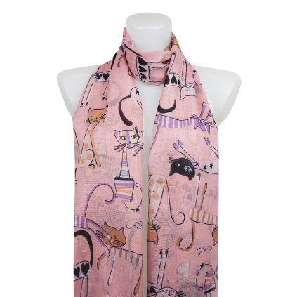 Női könnyű, téglalap alakú sál macskákkal 378-5 - rózsaszín 7200607-5