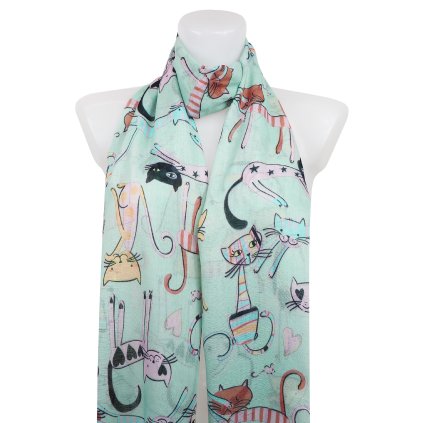 Női könnyű, téglalap alakú sál macskákkal 378-5 - mentazöld 7200607-7