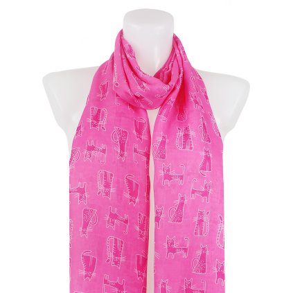 Női könnyű, téglalap alakú sál 39501, macskák - neon rózsaszín 7200616-3