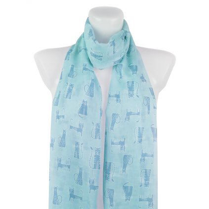 Női könnyű, téglalap alakú sál 39501, macskák, kék-zöld 7200616-5