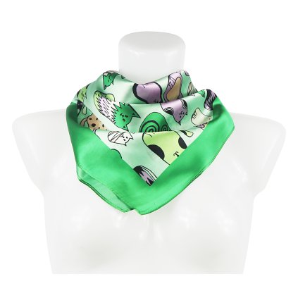Női selyem sál RR3050-01 stewardess macskás mintával, zöld 7200619-2