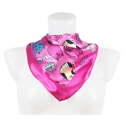 Női selyem sál RR3050-01 stewardess macskás mintával, neon rózsaszín 7200619-7