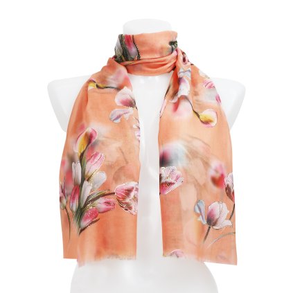Eșarfă dreptunghiulară pentru femei imprimată cu flori, cu fir auriu - portocaliu 7200534