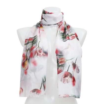 Eșarfă dreptunghiulară pentru femei imprimată cu flori, cu fir auriu - alb 7200534-2