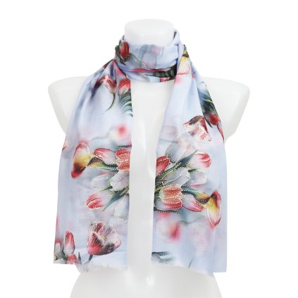 Eșarfă dreptunghiulară pentru femei imprimată cu flori, cu fir auriu - albastru 7200534-3