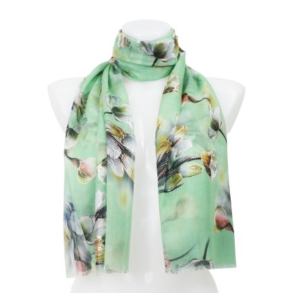 Eșarfă dreptunghiulară pentru femei imprimată cu flori, cu fir auriu - verde 7200534-4