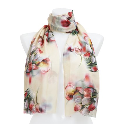 Eșarfă dreptunghiulară pentru femei imprimată cu flori, cu fir auriu - crem 7200534-5