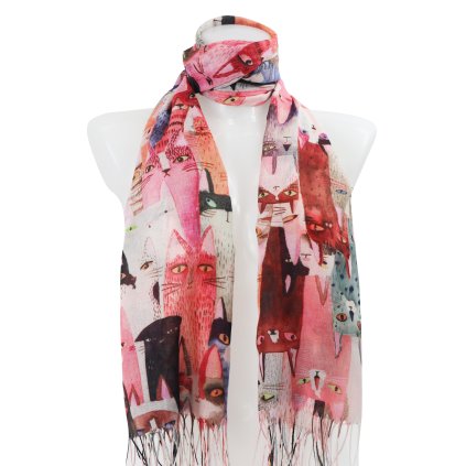 Eșarfă dreptunghiulară pentru femei cu imprimeu pisică 209-8, roz 7200550