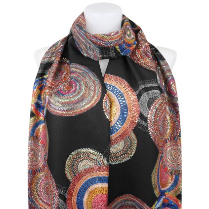 Eșarfă dreptunghiulară caldă pentru femei 3015-42 cercuri abstracte cu fir auriu, negru 7200558-1