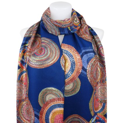 Eșarfă dreptunghiulară caldă pentru femei 3015-42 cercuri abstracte cu fir auriu, albastru închis 7200558-1