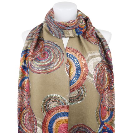 Eșarfă dreptunghiulară caldă pentru femei 3015-42 cercuri abstracte cu fir auriu, bej 7200558-2