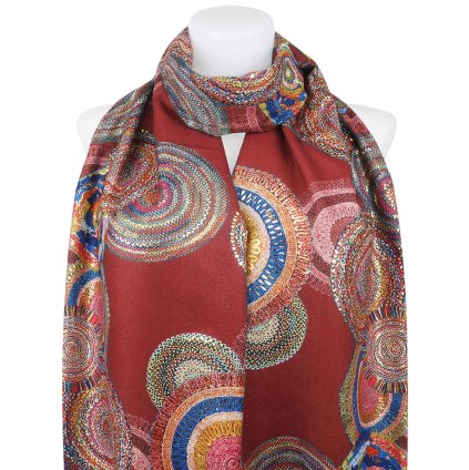 Eșarfă dreptunghiulară caldă pentru femei 3015-42 cercuri abstracte cu fir auriu, roșu 7200558-4