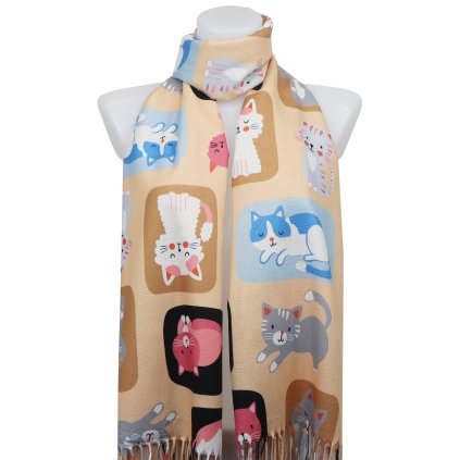 Eșarfă dreptunghiulară din cașmir pentru femei 2110-15 pisici din desene animate, galben 7200584-3